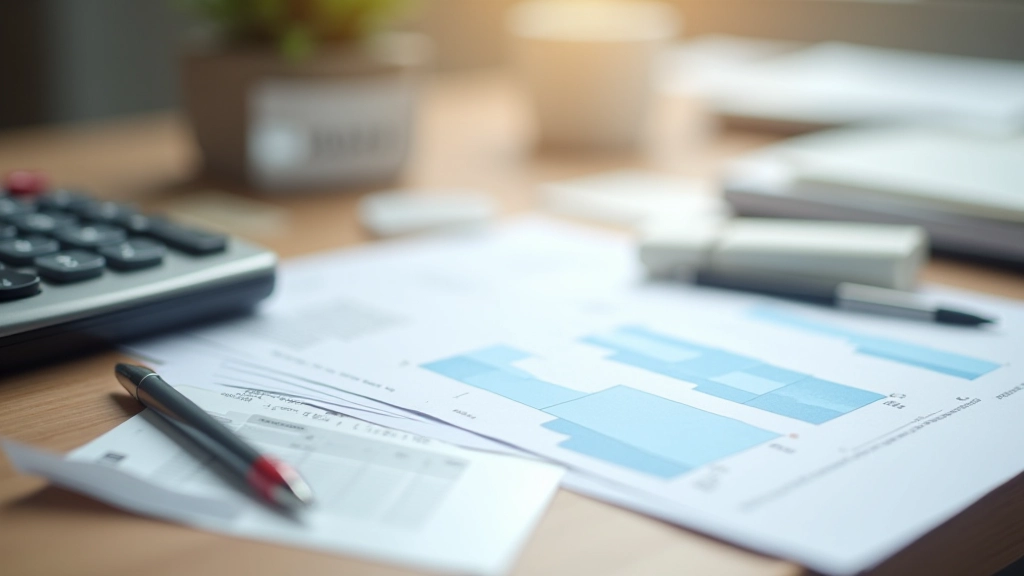 Taschenrechner und Stift auf einem Tisch mit Finanzübersicht Papieren