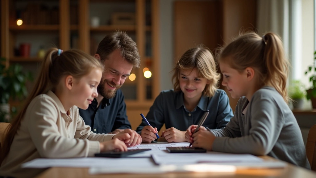 Familie sitzt zusammen am Tisch und plant ihr Monatsbudget mit Notizen
