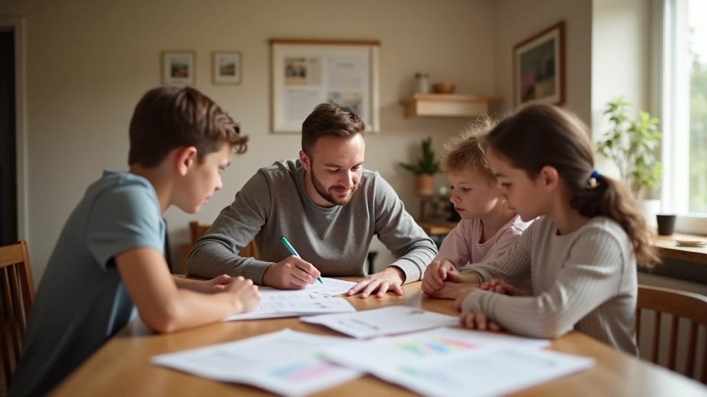 Vierköpfige Familie sitzt gemeinsam am Esstisch und plant ihre Finanzübersicht