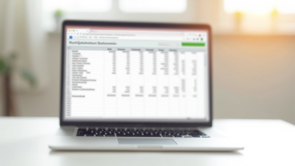 Laptop-Bildschirm zeigt ein Haushaltsbuch-Spreadsheet mit Kategorien und monatlichen Ausgaben