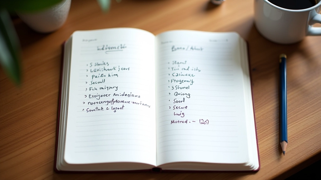 Notizbuch mit handschriftlichen Notizen auf einem Schreibtisch neben Kaffee und Stift