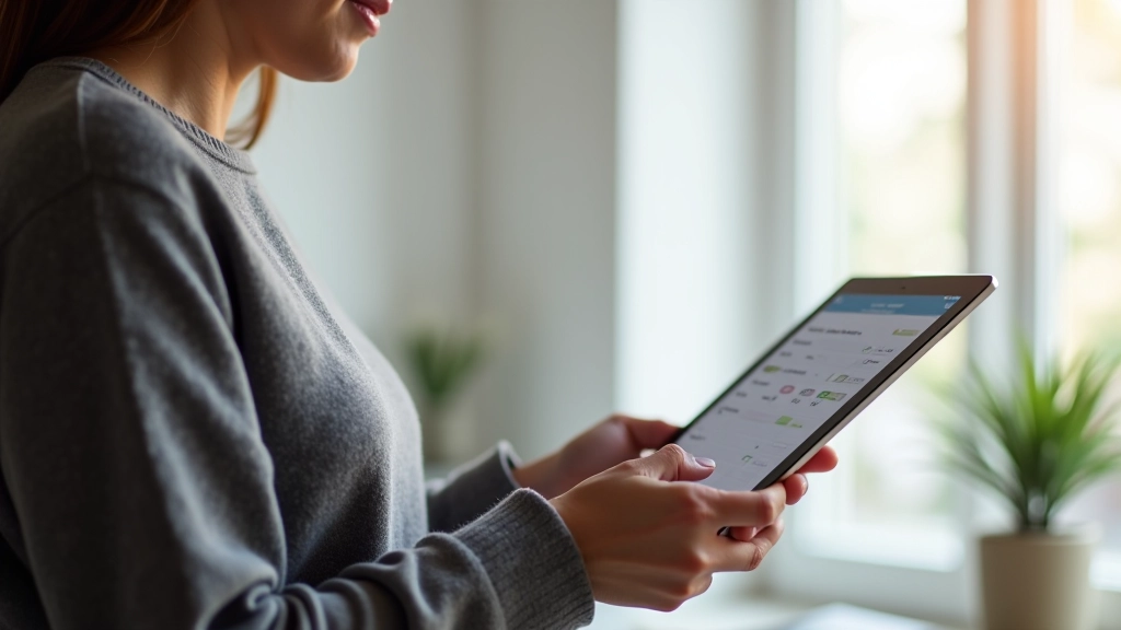 Person mit digitalem Tablet plant monatliches Budget mit Grafiken und Tabellen