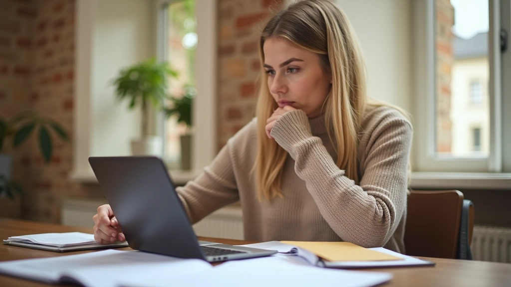 Junge Frau mit verwirtem Blick sitzt vor Rechnungen und versucht, ihr Budget zu verstehen