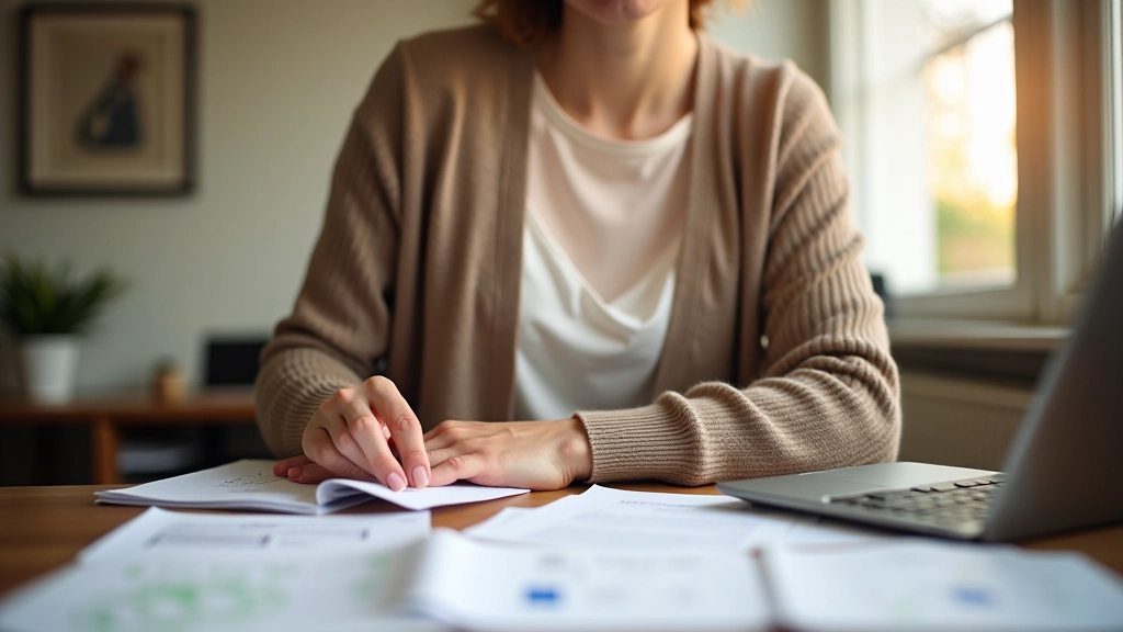 Frau sitzt am Esstisch mit Ausgabenliste und sortiert Rechnungen nach Kategorien