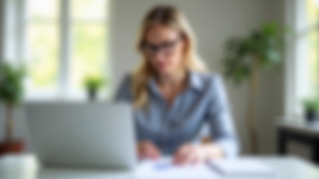 Frau mit Brille sitzt am Schreibtisch vor einem Laptop und schaut auf Finanzunterlagen