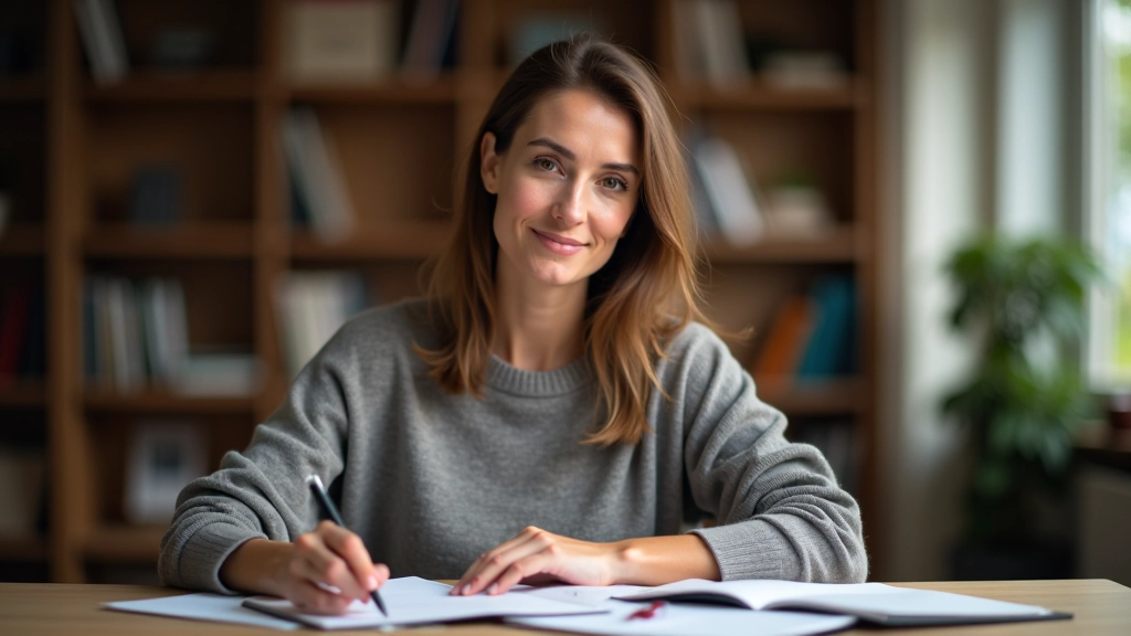 Frau sitzt am Schreibtisch mit Notizbuch, Kaffee und Finanzunterlagen