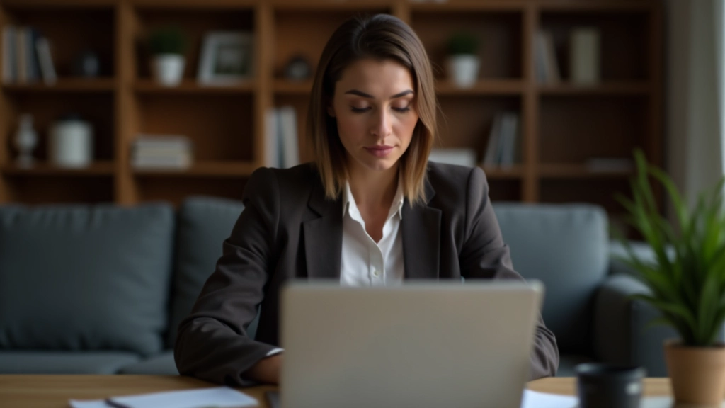 Frau mittleren Alters mit Brille arbeitet konzentriert an ihrem Laptop mit Finanzierungsdokumenten